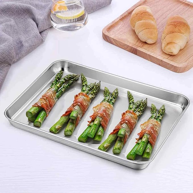 TeamFar 9'' x 7'' x 1'' Toaster Oven Pan with Rack Set of 4, Stainless Steel Compact Toaster Ovenware Pan with Cooling Rack, Healthy & Heavy Duty, Easy Clean & Dishwasher Safe, (2 Pans + 2 Racks)