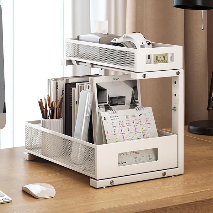 2-Pack Under Sink Storage Organizer, Large 2-Tier Elegant Mesh Pull Out Shelf for Kitchen and Bathroom Cabinet Organization, L-Shaped and Adjustable Height Design for Maximum Space Efficiency-White