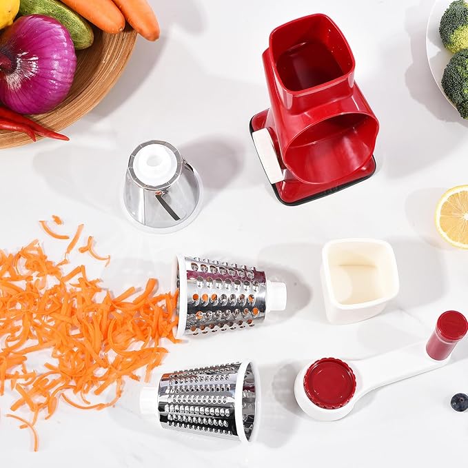 Rotary Cheese Grater Hand Crank Cheese Shredder Vegetable Mandoline Slicer for Kitchen 3 in 1 Changeable Blades for Cheese Potato Nuts Chocolate Ice (RedWhite)