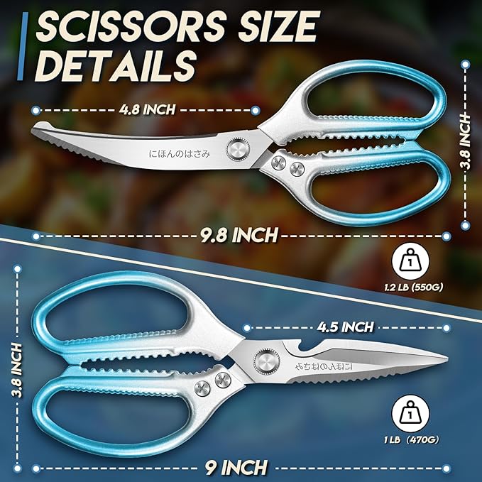 TIJERAS Kitchen Scissors Set Blue - Stainless Steel Kitchen Shear, Sharp Meat Scissors Dishwasher Safe, Heavy Duty Poultry Shears, Japanese Cooking Scissor for Food, Chicken Bones, and Turkey