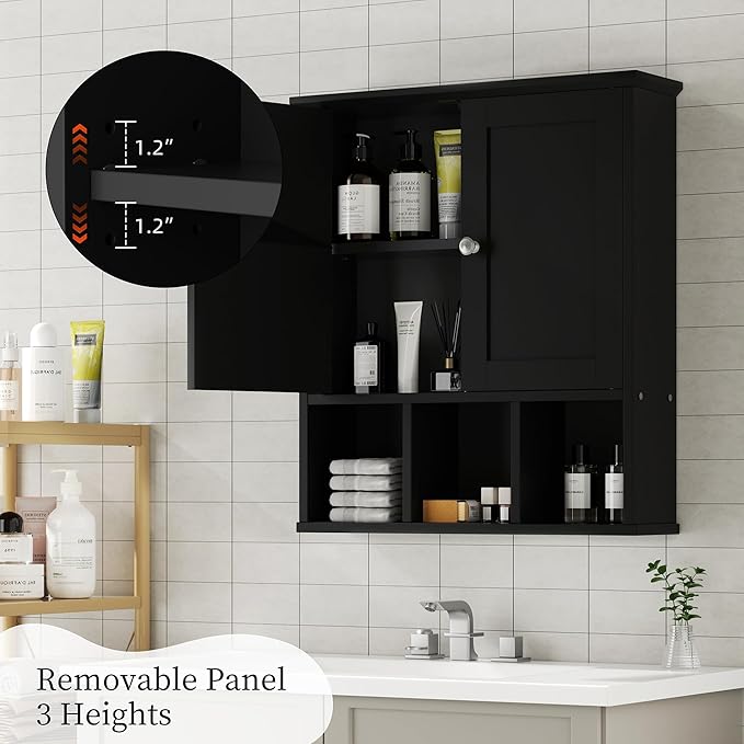 Shintenchi Bathroom Wall Cabinet with Door, Storage Organizer Over The Toilet Medicine, Space Saving with Adjustable & Open Shelf, Black