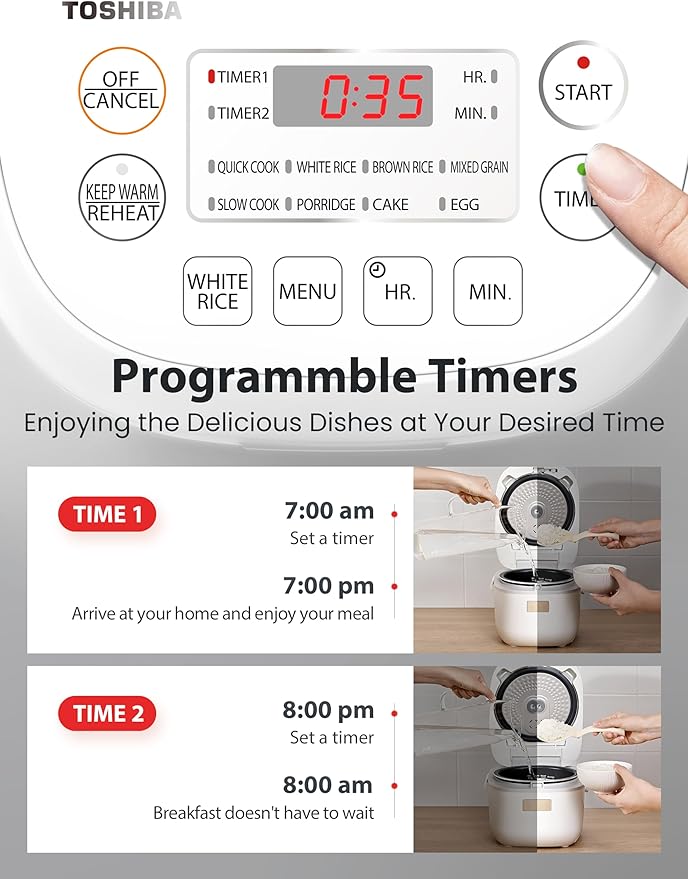 Toshiba Mini Rice Cooker, 3 Cups Uncooked Small Rice Cooker, Steamer & Warmer, With Fuzzy Logic And One-Touch Cooking, 24 Hour Delay Timer And Auto Keep Warm Feature, White