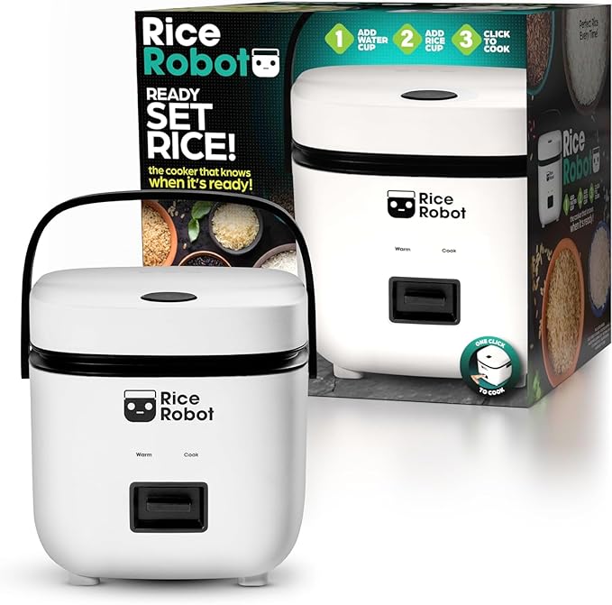 Rice Robot Personal Rice Cooker, PFAS-free, Nonstick. 1 Quart Capacity, with Stainless Steel Steamer Tray, Measuring Cups, Recipe Book with 60 Recipes, and Serving Spoon, As Seen On TV