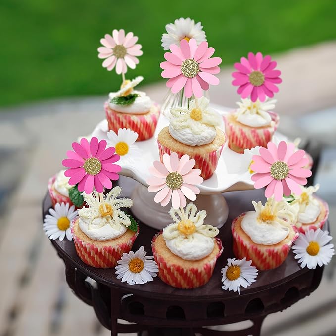 24Pcs Daisy Cupcake Toppers Flower Cake Topper Decorations Daisy Cake Decorations Chrysanthemum Cupcake Toppers Spring Daisy Flower Cake Picks for Birthday Wedding Supplies Rose Red Pink