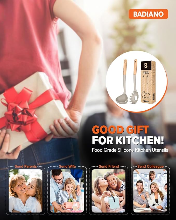 Pasta Fork and Ladle Set, Perfect for Serving Hot Soup, Stirring, and Sauce Pasta, BPA-Free Matte Silicone, Wood Handle Spaghetti Spoon for Nonstick Cooking Surfaces (Khaki)