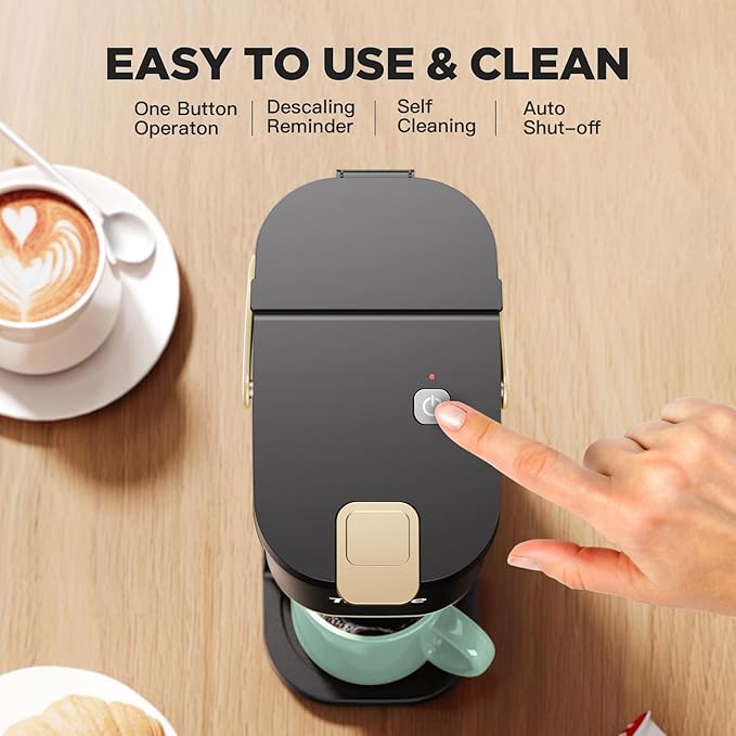 Single Serve One Cup Coffee Maker, for K Cups and Grounds, Mini Coffee Maker with Portable Handle, 6 to 12 Oz Brew Size, for Travel, Camping, Office, RV and Dorm, 120V, Black and Gold