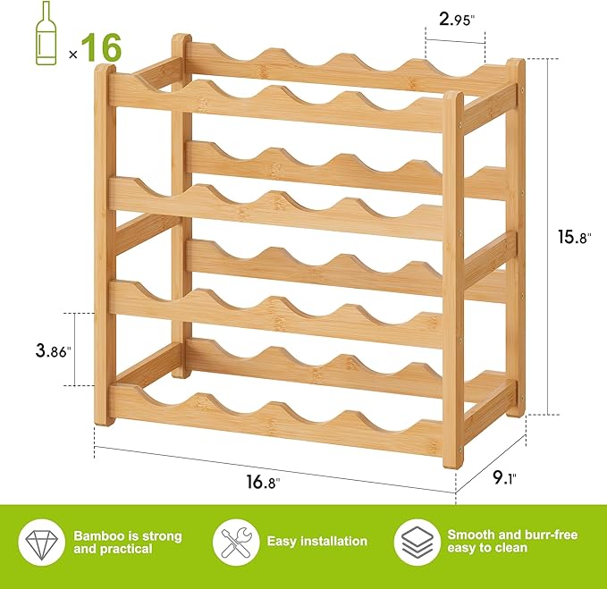 BMOSU Bamboo Wine Rack Wine Storage Cabinet Shelf 16 Bottle Wine Racks Countertop Sturdy for Kitchen Dining Room Pantry - 4 Tiers Wine Rack(Natural)