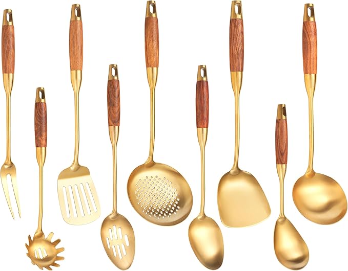 Gold Kitchen Utensils Set, 9 PCS 18/10 Stainless Steel Cooking tools Wood Handle, Solid and Slotted Spoon, Fork, Spatula, Ladle, Skimmer, Slotted Tunner, Spaghetti and Large Spoon