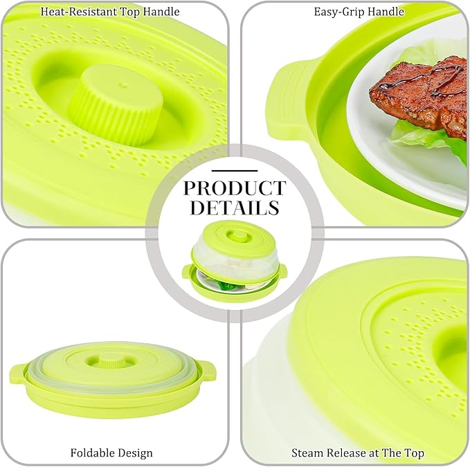 10.7 Inch Microwave Food Cover with Heat Insulation Mat, Anti-Scald Collapsible Microwave Splatter Cover, Multi-Functional as Colander & Fruit Plate, Dishwasher Safe, Ideal for Meal Prep (Green)