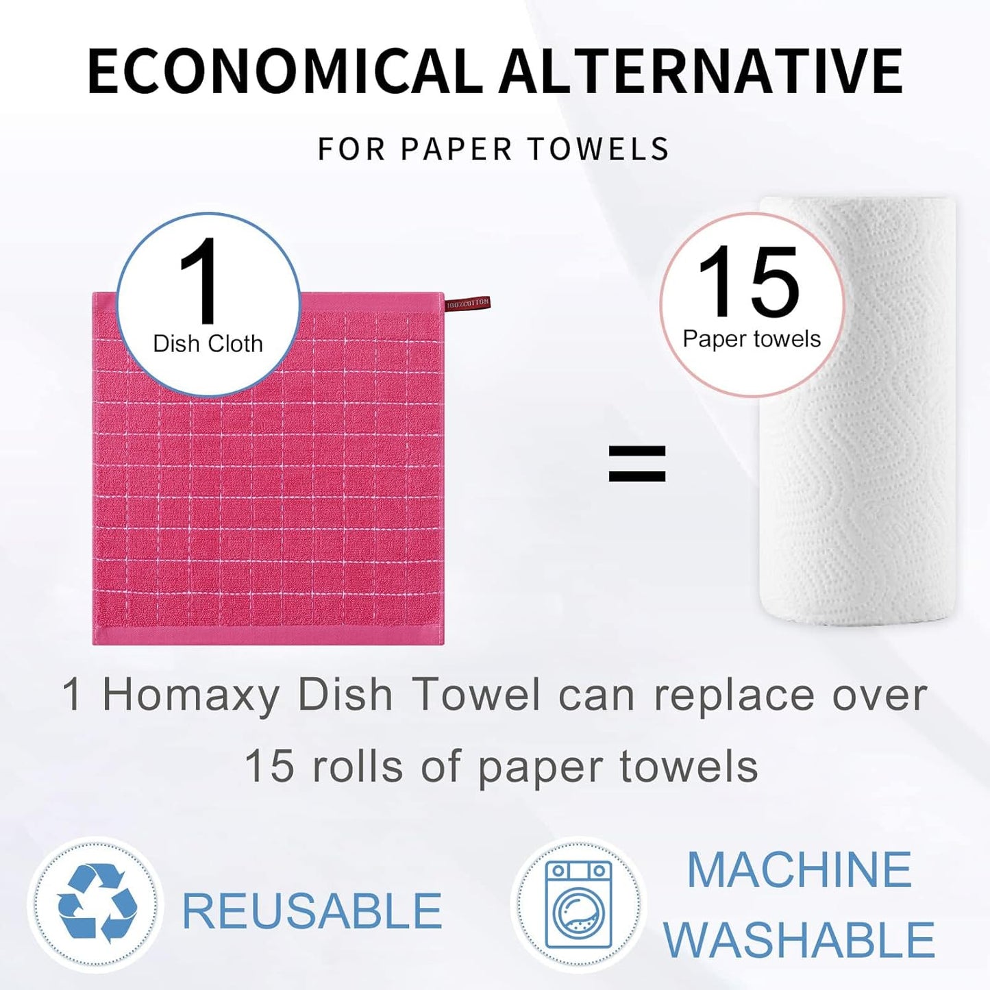 Homaxy 100% Cotton Terry Kitchen Dish Cloths, Ultra Soft and Absorbent Dish Towels for Kitchen, Suitable for Drying and Washing Dishes, 12 Pack, 12 x 12 Inches, Rose Red