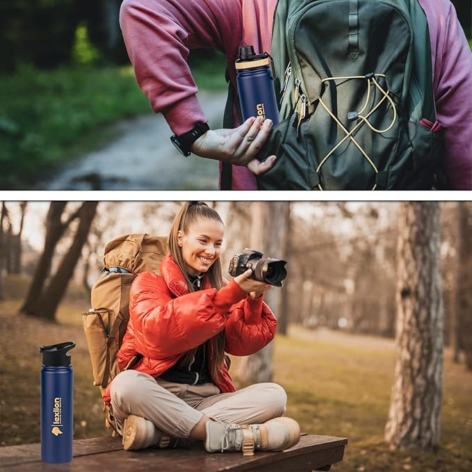 Lexlion Fruit Infuser Water Bottle - 22 Oz, Triple Walled Insulated Stainless Steel, Thermal Leaf Infuser, Silicone Sleeve, 3 Lids Leakproof, Metal Mug