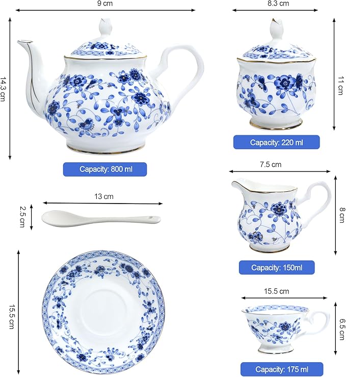 Bone China Tea Set, 21-Pieces Porcelain Tea Set for Adults, Tea Cups And Saucers for 6, with Teapot, Spoons, Sugar Bowl, Creamer Pitcher, Vintage Tea Set for Women Tea Party (Blue)