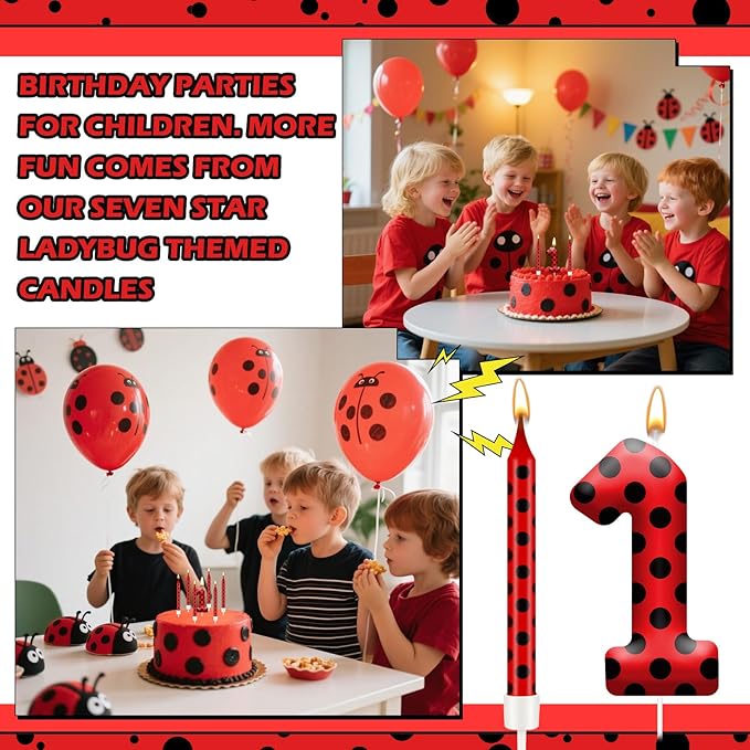 13PCS Ladybug Theme Birthday Candles Set - Red & Black Polka Dot Decorative Candles for Kids Ladybug Themed Parties, Baby Showers, Birthday Cakes, and Ladybird Inspired Celebrations(Number 1)