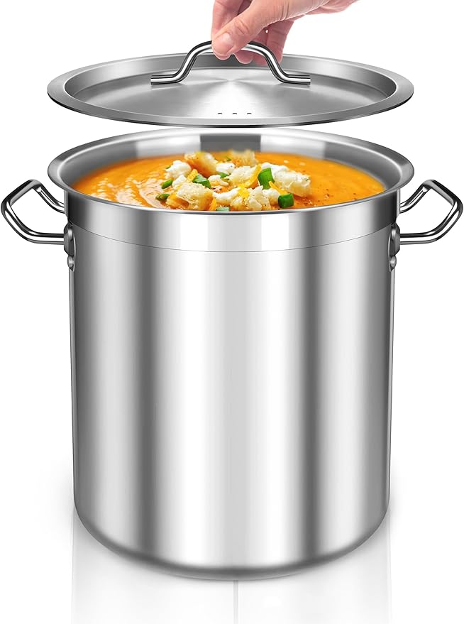 50 Quart Stainless Steel Stock Pot with Lid – Heavy Duty Large Cooking Pot for Soup, Stew, Chili – Commercial Grade, Induction Compatible – Great for Home & Catering