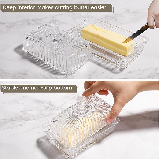Wide Glass Butter Dish with Cover for Countertop,Vintage Crystal Butter Keeper for Counter,Covered Glass Butter Holder,Butter Holder for Refrigerator,Butter Tray with Two Stick 4oz Butter