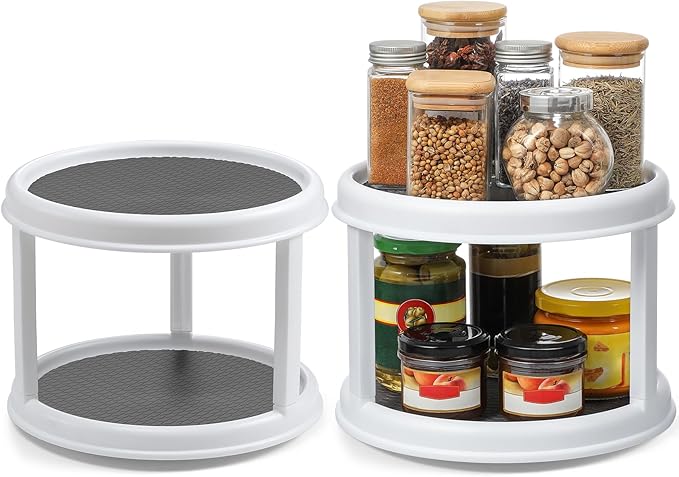 2 Pack, 2 Tier 10" Turntable Lazy Susan Spice Organizer - Rotating Seasoning Rack Spinner for Pantry Cabinet Kitchen Countertop, Table Top Organizing - Multiuse Two Tier Rotating Organization Rack