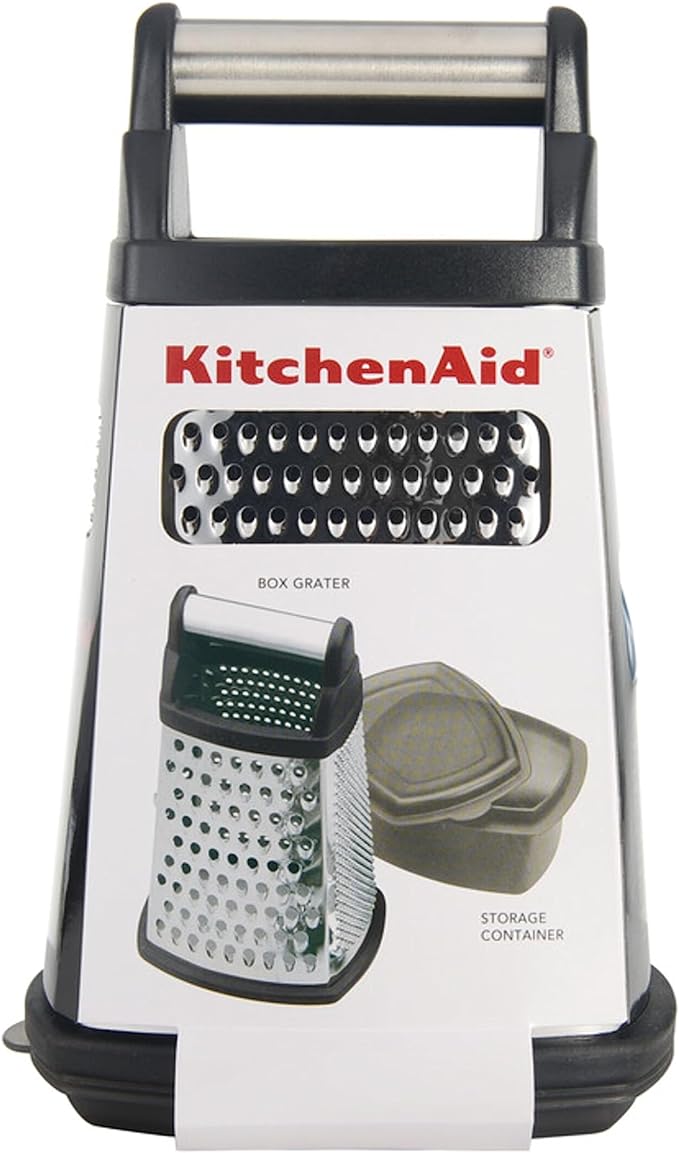 KitchenAid Gourmet 4-Sided Stainless Steel Box Grater for Fine, Medium and Coarse Grate, and Slicing, Detachable 3 Cup Storage Container and Measurment Markings, Dishwasher Safe, 10 inches tall, Black