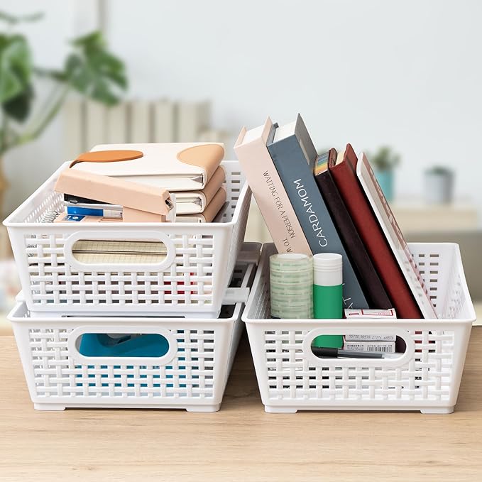 Stackable Woven Plastic Basket, Storage Bins for Cabinet, Closet, Shelf, Under Sink and Countertop, Pantry Organizer Bins, 6 Pack