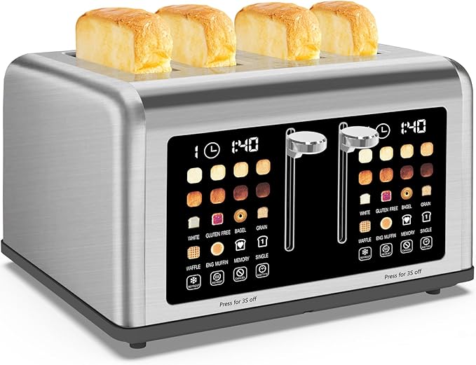 4 Slice Toaster Touch Screen, Stainless Steel Toasters Digital Timer, Dual Control Panel Toasters, 8 Shade Settings 6 Bread Types for Bagel, Cancel, Defrost 1650W