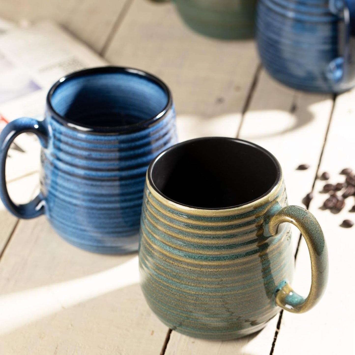 20 oz Large Ceramic Coffee Mugs set of 2, Coffee Mugs for Women and Men, Big Tea Cups, Large Handle Mug for Office and Home, Microwave and Diahwasher Safe (Blue with Stripes, 2PCS)