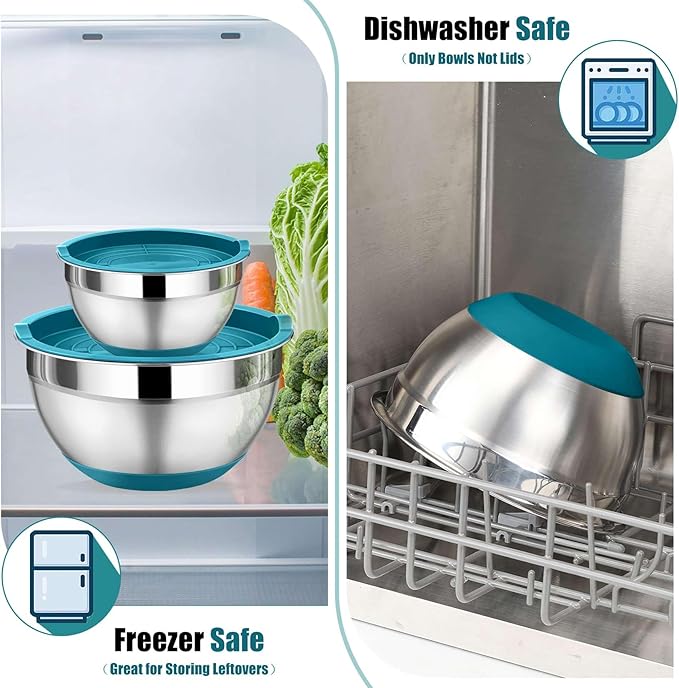 P&P CHEF Mixing Bowl with Lid Set, 5 Piece Stainless Steel Mixing Nesting Bowls for Salad Storage, 3 Grater Attachments & Non-Slip Bottoms, Size 1/1.5/2 / 2.6/4.6 QT, Blue