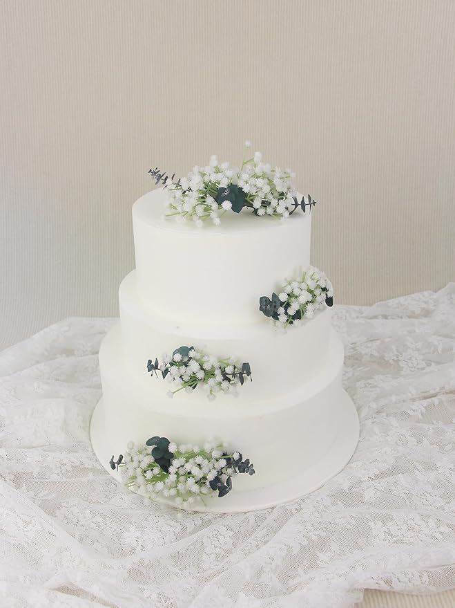 Rinlong Pre-made Cake Toppers Flowers Cake Decorations Baby's Breath Eucalyptus Wedding Cake Decorating Flowers Decor Christening Birthday Baptism Baby Shower Party Cake Topper Flower