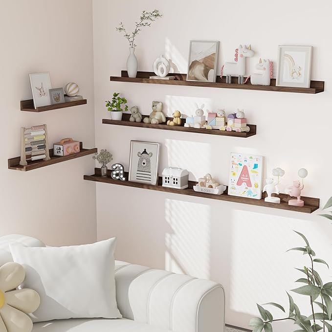 Heimlove Picture Ledge Shelf, Floating Shelves Set of 2, 24 Inches Picture Shelf for Wall with Ledge, Kids Bookshelf Wall Mounted for Living Room Bedroom Decor Books Photo Frames - Walnut