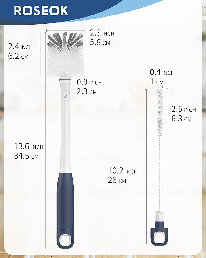 2 in 1 Long Handle Bottle Brush with Straw Brush for Cleaning Glass, Sports Bottle, Coffee Mug,Navy Blue,1 Pack