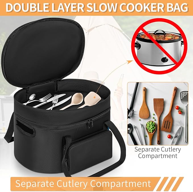 Double-Layer Slow Cooker Travel Bag Compatible with 6, 7, 8 Quart Crock-Pot, Insulated Travel Carrier with Easy to Clean Lining, Black