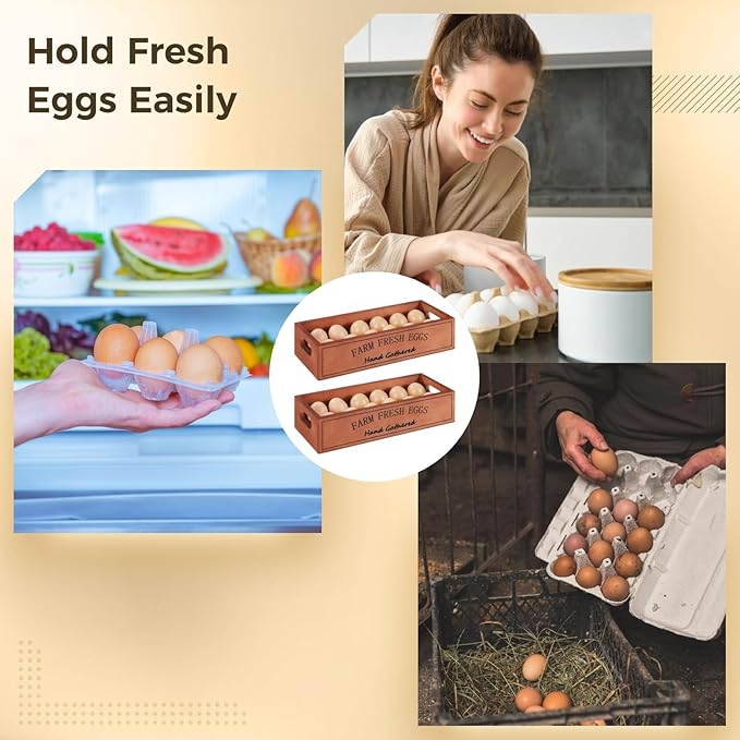2 PCS Wooden Egg Holders, Farm Fresh Egg Baskets, Open Design with Handle, Holds 12 Eggs per Compartment, Ideal for Kitchen Countertop, Simple and Quality Storage Solution