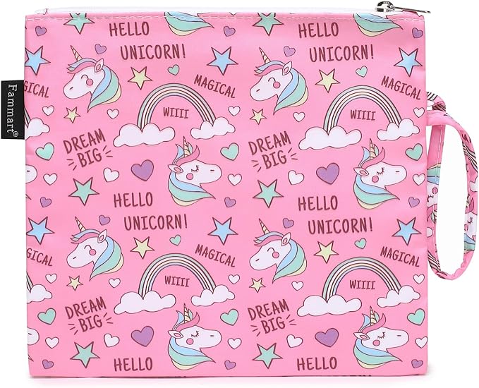 Reusable Sandwich Bag/Snack Bag for Kids & Adults, Dual Layer Lunch Bag with Handle, Washable, Food Safe, BPA Free (1-Pack, Rainbow Unicorn)