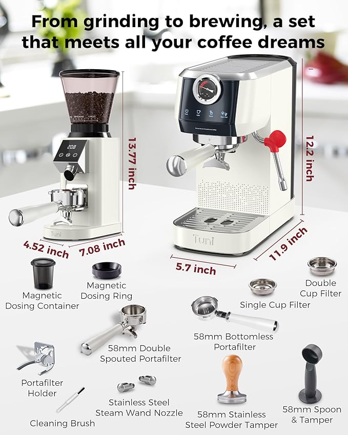 Tuni E2 58mm Espresso Machine with G1 Ivory Conical Burr Coffee Grinder and Bottomless Portalfilter Combo