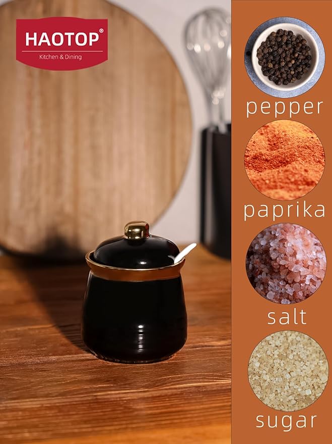 HAOTOP 12oz Sugar Bowl with Lid and Spoon,Simple Ceramic Sugar Jar Sugar Container Sugar Dispenser Coffee Bar Accessories, Modern Kitchen Countertop Canisters, Black