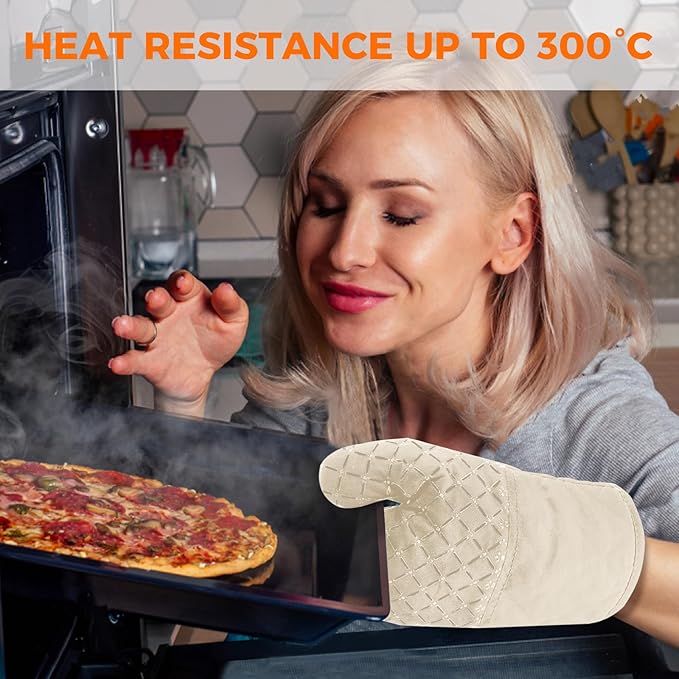 4PCS Oven Mitts and Pot Holders Sets 500°F Pot Holders for Kitchen Heat Resistant Oven Gloves Anti-Slip Silicone Stripe Oven Mitts Heat Resistant Hot Pads Oven Mits Potholders for Kitchens (Khaki)