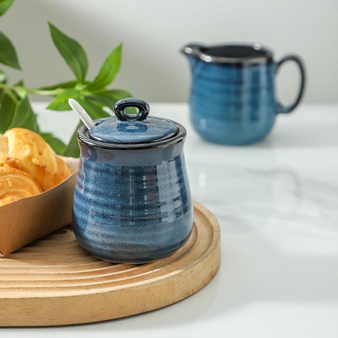 Glowworm Porcelain Sugar and Creamer Set, 11 Ounce Sugar Container, 10 Ounce Cream Pitcher, Farmhouse Coffee Sets for Serving, Dishwasher Safe, Blue