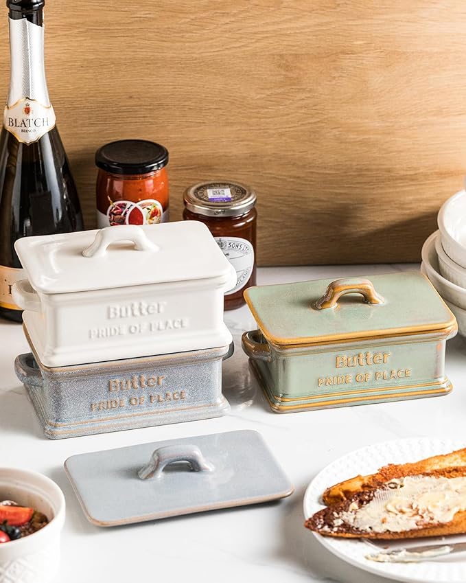 Butter Dish with Lid, Ceramic Butter Dish for Countertop Butter Holder Container Large Butter Keeper for East West Coast Butter, White