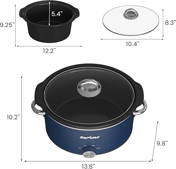 Sunvivi 4 Quart Slow Cooker & Mini Food Warmer with 3 Heating Settings, Removable Ceramic Pot, Dishwasher Safe Glass Lid, Stainless Steel, Blue