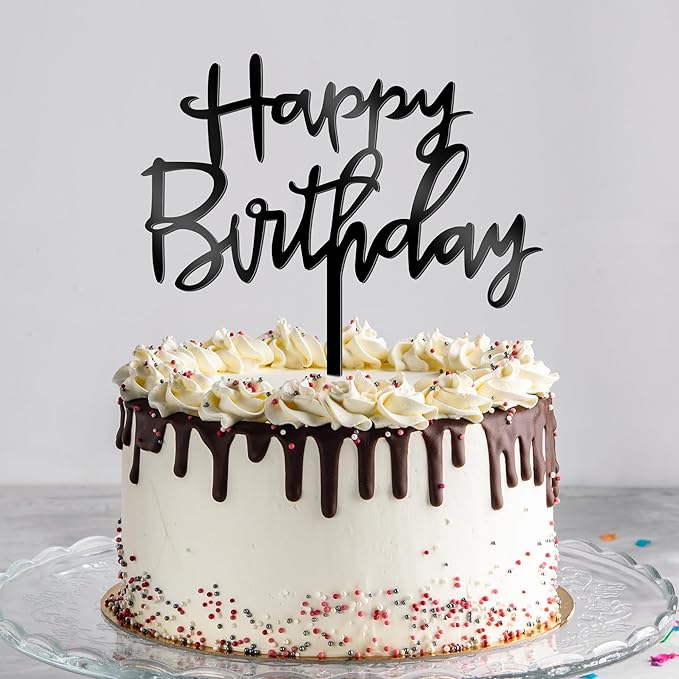 1PCS Acrylic Cake Topper, 4.7 Inches x 5.5 Inches Happy Birthday Cake Topper, Black Birthday Cake Decorations Flower Arrangements Sign for Baby Shower, Anniversary Decor