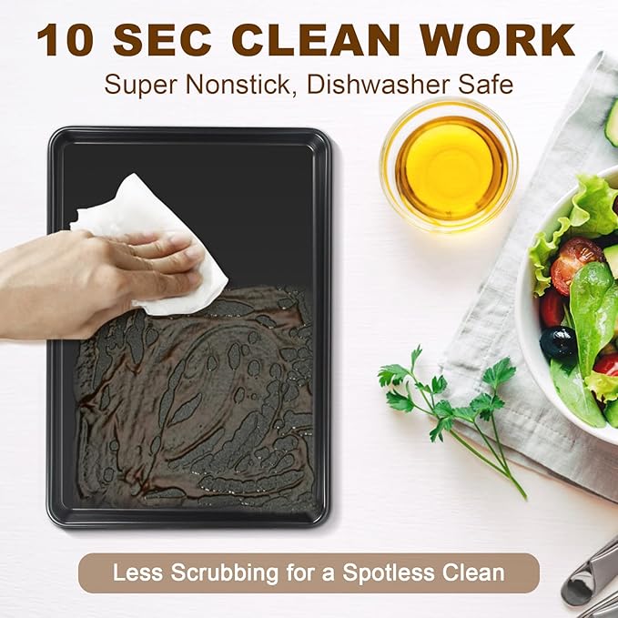 Baking Sheet Pan Set of 3, Commercial Cookie Sheets for Baking, Nonstick Half/Quarter/Jelly Roll Pans Replacement Toaster Oven Tray, Heavy Duty & Easy Clean, Dark Black