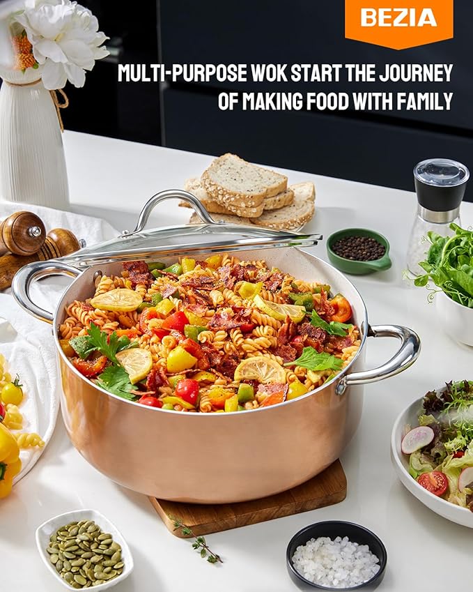 BEZIA Large 8 Quart Nonstick Cooking Pot with Lid, Induction Stock Pot, Soup Pot for All Stovetops, Non-toxic and Oven Safe, PFOA PFAS Free, Golden