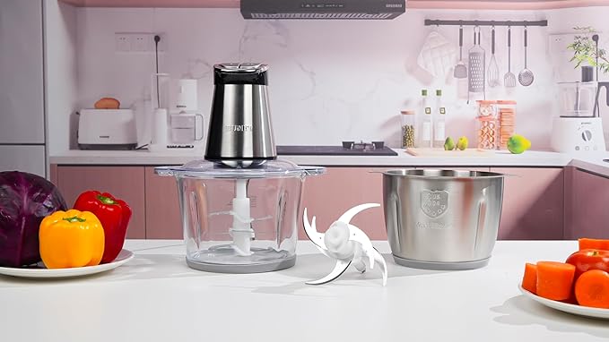 Electric Food Processor Meat Grinder 800W 2x12cups LED Timer Electric Food Chopper Vegetable chopper 3 layers 6 blades for Mincing Puree for home use kitchen aid for pet food,baby food by BUMET