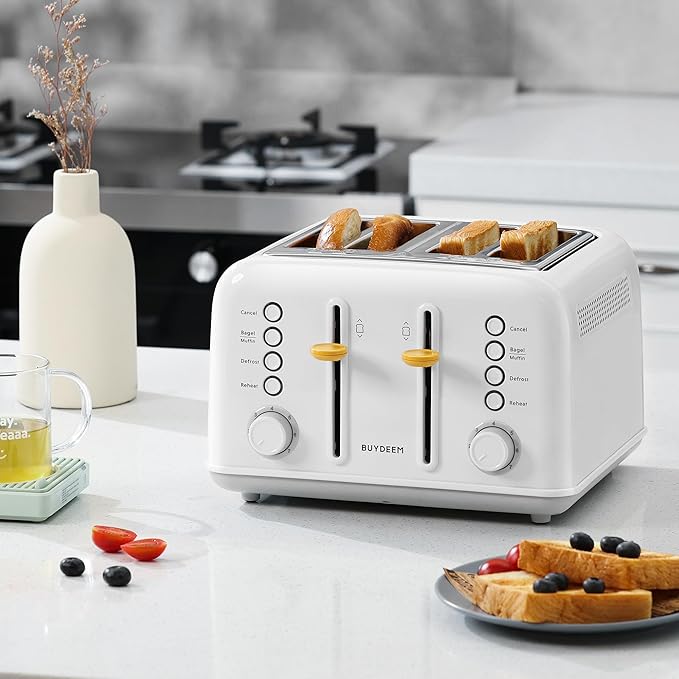 BUYDEEM DT640 4-Slice Toaster, Extra Wide Slots, Stainless Steel with High Lift Lever, Bagel and Muffin Function, Removal Crumb Tray, 7-Shade Settings, Arctic White
