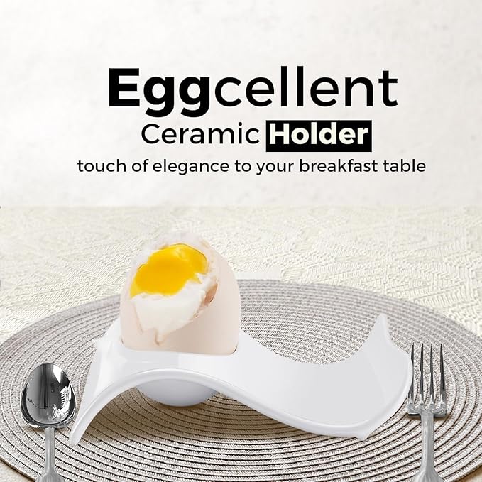 Flexzion Ceramic Egg Holder Cup - 6-Piece Hard Boiled Egg Holder & Soft Boiled Egg Holder Set, White Coddled Egg Cup, Stable & Stackable Modern Wave Style Egg Serving Dish with Base