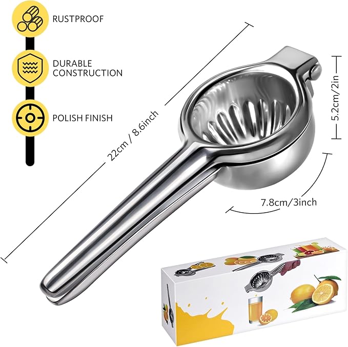 Lemon Squeezer, Sopito Stainless Steel Citrus Press Juicer Heavy Duty with Large Metal Squeezer Bowl for Seedless Juicing, Non-Slip Grip Design Manual Juicer, Silver