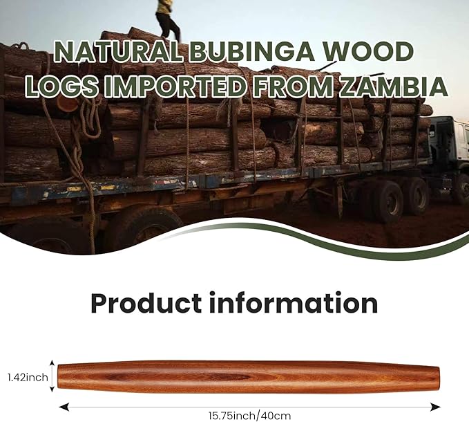 Natural Solid Bubinga Wood French Rolling Pin for Baking | Tapered Edges Type | High-Density Professional Dough Roller (French rolling pin - 15.75‘L)