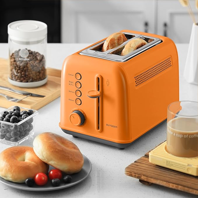 BUYDEEM DT620 2-Slice Toaster, Extra Wide Slots, Retro Stainless Steel with High Lift Lever, Bagel and Muffin Function, Removal Crumb Tray, 7-Shade Settings,Orange