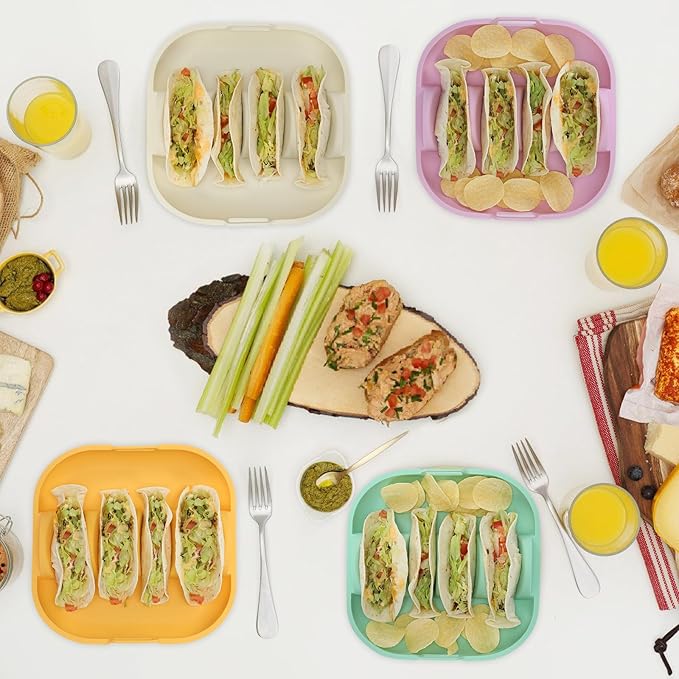 Silicone Taco Holder 2 Pack,10.2in Upgrade Reusable Taco Plates with Dividers,Fiesta Tacos Holder Tray.Taco Serving Plates, Dishwasher & Microwave Safe(2, WHITE+PINK)