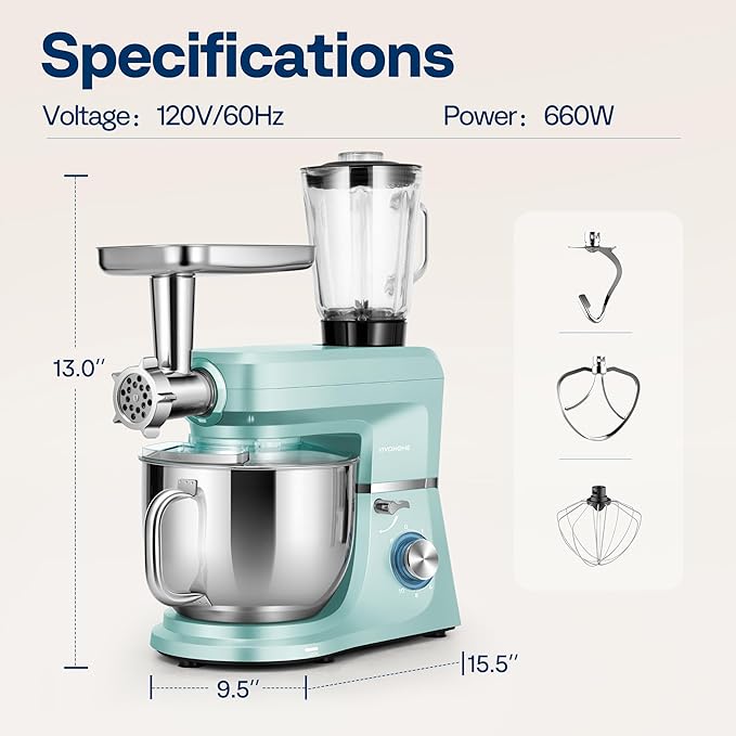 VIVOHOME 6 in 1 Multifunctional Stand Mixer with 8.5 Quart Stainless Steel Bowl, 660W 10 Speed Tilt-Head Meat Grinder, Juice Blender, Vegetable Slicer, Pasta and Cookie Maker, Blue