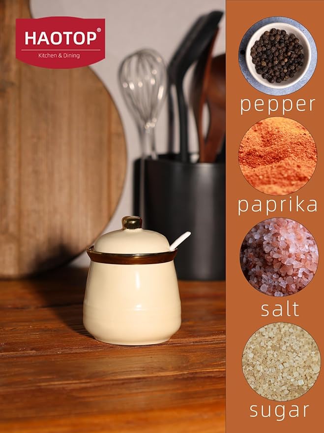 HAOTOP 12oz Sugar Bowl with Lid and Spoon,Simple Ceramic Sugar Jar Sugar Container Sugar Dispenser Coffee Bar Accessories, Modern Kitchen Countertop Canisters, Beige