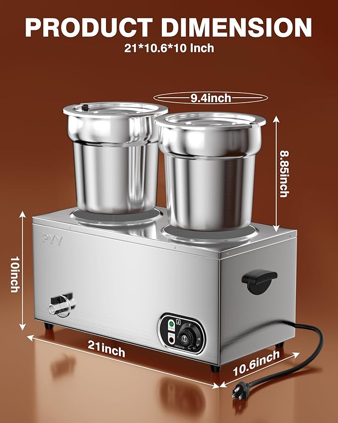 PYY Soup Warmer Commercial - Two 7.4QT Stainless Steel Bain Marie Round Pot 86~185°F Adjustable Temp, 1500W Electric Soup Warmer Countertop with Anti-Dry Burn and Reset Button for Restaurant, Buffet